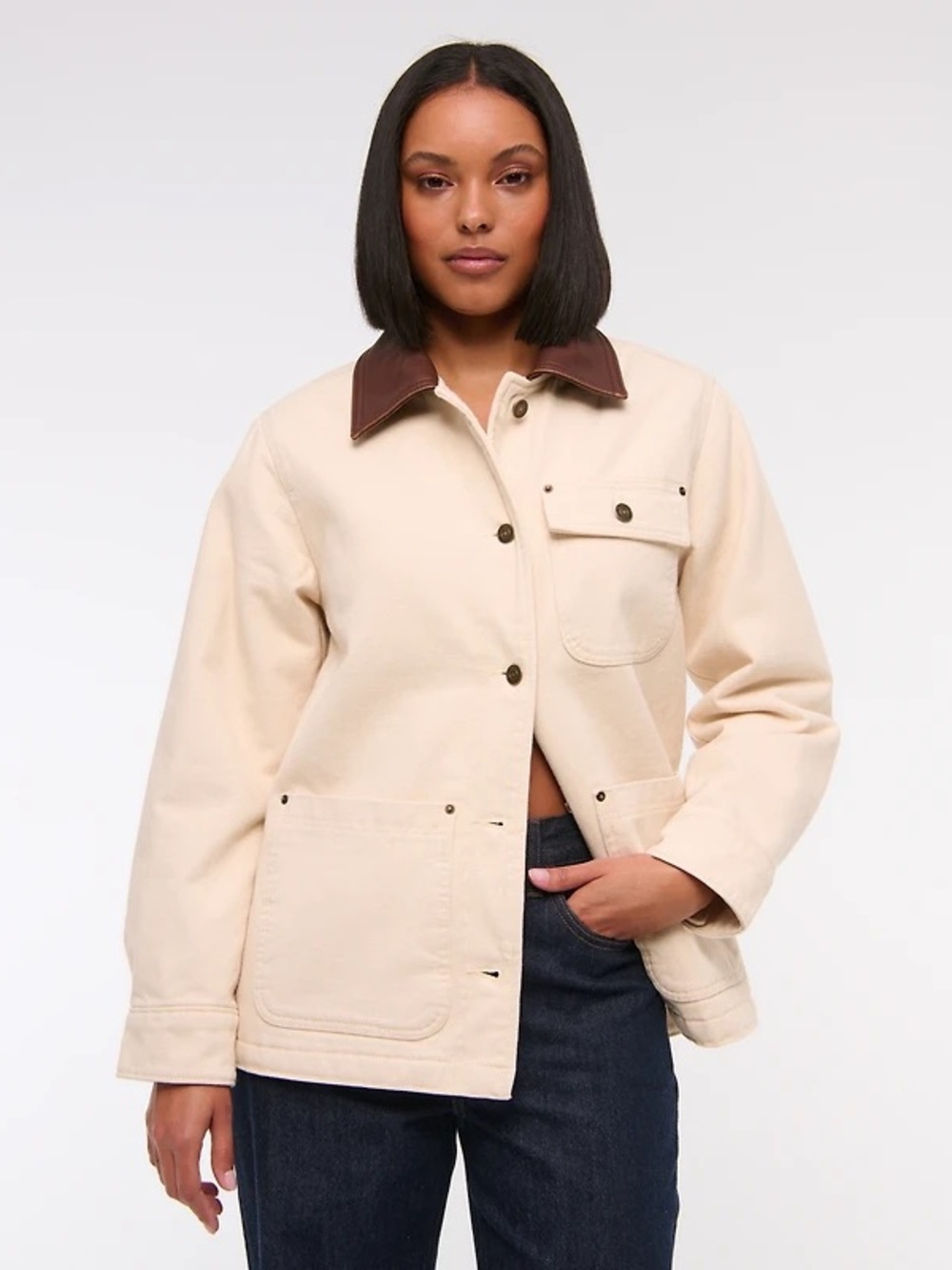 Abercrombie & Fitch Cream Utility Jacket with Brown Collar